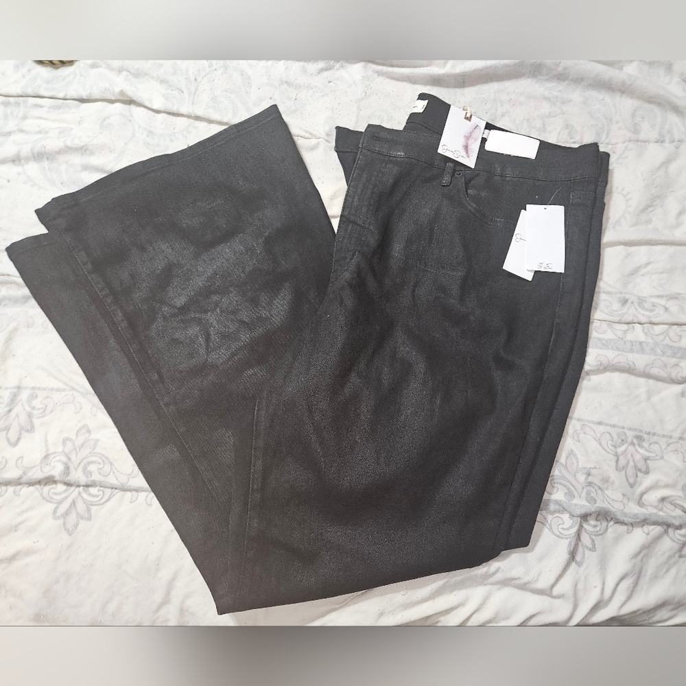Jessica Simpson Women's Black Charmed Coated Flare Jeans Pants Plus Size - Picture 1 of 9